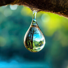 A drop of water is reflected in a tree branch. Concept of tranquility and serenity, as the water droplet seems to be suspended in mid-air, surrounded by the natural beauty of the tree