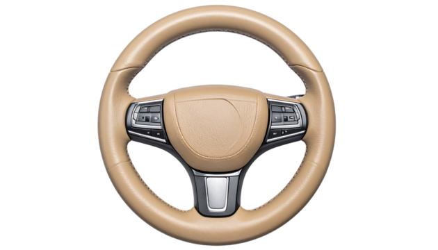Beige leather steering wheel isolated on transparent background.