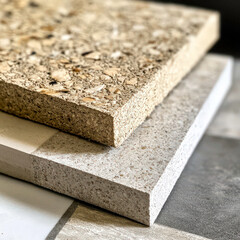 Two square pieces of stone with a white border. The top piece is brown and the bottom piece is white