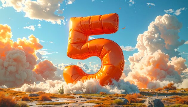 Number Five Balloon Floating in a Dreamy Landscape.