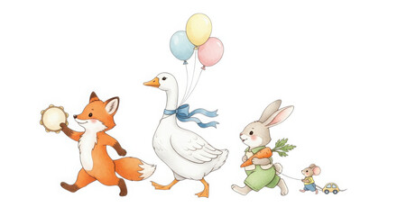 Cute watercolor illustration of a fox goose and rabbit with balloons and toys isolated on white background