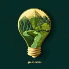 A light bulb with a mountain range in the background. The light bulb is surrounded by a green forest. The light bulb is labeled with the word "green ideas"