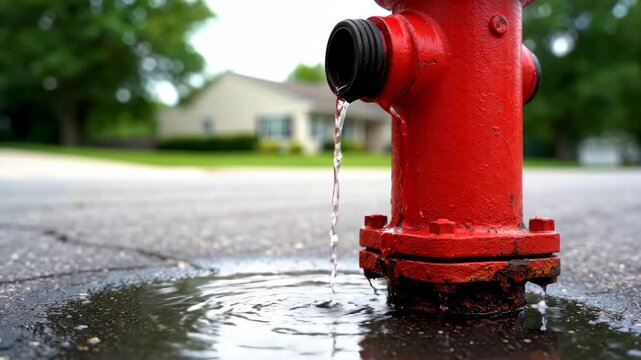 Bright Red Fire Hydrant with Flowing Water on Urban Street