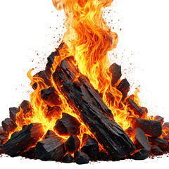 Burning embers and fiery flames bursting from charcoal briquettes