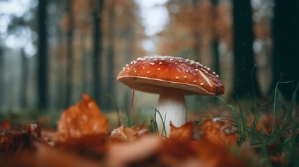 Close-up of a red fly agaric mushroom in an autumn forest surrounded by fallen orange leaves. Natural lighting, shallow depth of field, seasonal nature background.