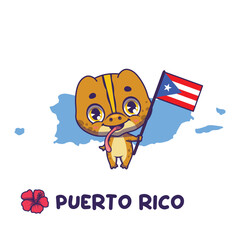 Fototapeta premium Unofficial animal symbol Coqui Frog holding the flag of Puerto Rico. Official flower flor de Maga displayed on bottom left.
