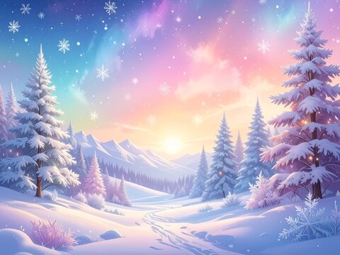 Winter landscape with trees and snow, pastel clors. Design for christmas cards, greetings, art projects, editorial use, social media, lifestyle magazines, illustrations
