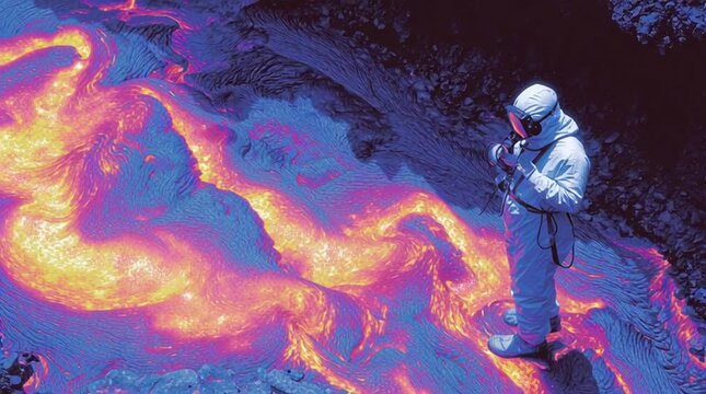 Thermal camera view of a scientist in a heat-resistant suit standing near a flowing river of molten lava, white-hot heat contrasted by the suit&rsquo;s cool blue-purple signature, highlighting extreme scien