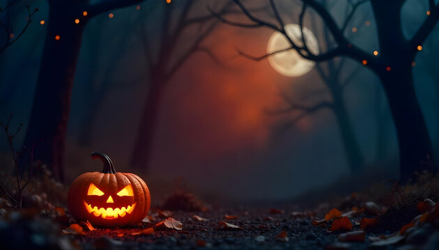  Halloween poster template with glowing pumpkin. Modern Halloween poster with dark background and glowing pumpkin, perfect for party invitation or banner.