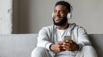 Young black man relaxing on couch, enjoying favorite music with headphones and smartphone, finding happiness and calm in leisure time at home, smiling contentedly