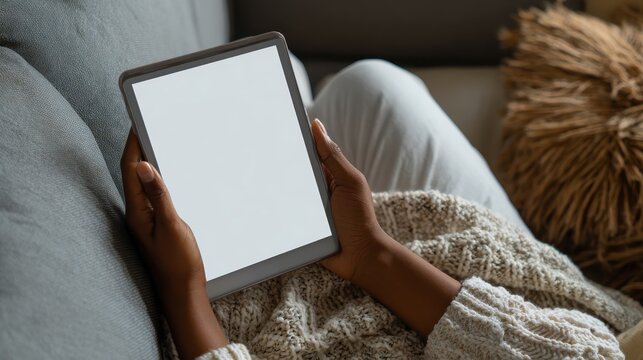 young african woman holding in hands using digital tablet looking at mock up blank white screen for reading e book browsing internet watching movie or checking social media relaxing on sofa at home n - Powered by Adobe