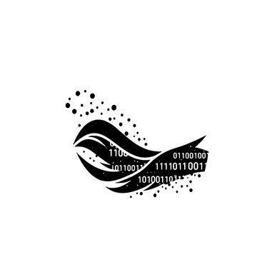 Abstract Black Digital Wave with Binary Code and Scattered Dots on White Background