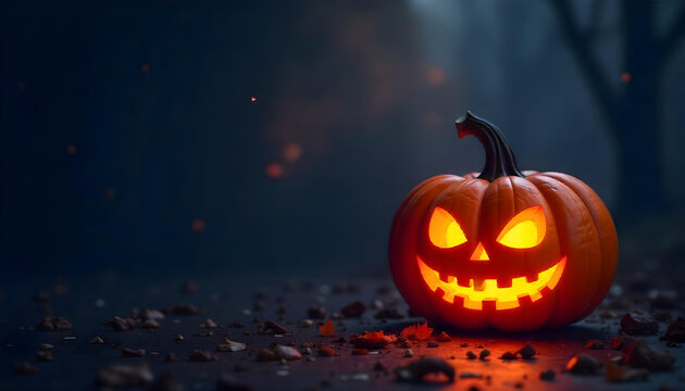  Halloween poster template with glowing pumpkin. Modern Halloween poster with dark background and glowing pumpkin, perfect for party invitation or banner.