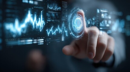 a businessperson interacts with digital graphs and futuristic data interfaces highlighting advanced technology and analytics