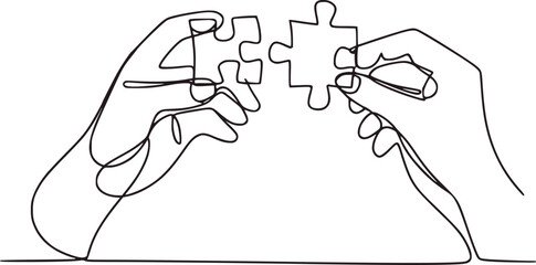 Hands connecting puzzle pieces in continuous line art connection teamwork