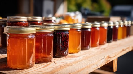 Jars of homemade fruit preserves and honey lined up for sale at a local farmers market stall, showcasing a variety of natural products and fresh produce