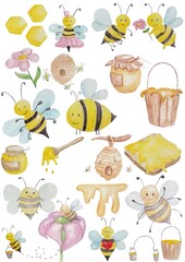 A collection of bee-themed watercolor illustrations featuring honey bees, hives, flowers, and honeycombs. Perfect for nature projects, prints, and educational materials.