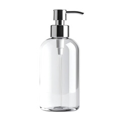 Clear glass soap dispenser isolated on transparent background.