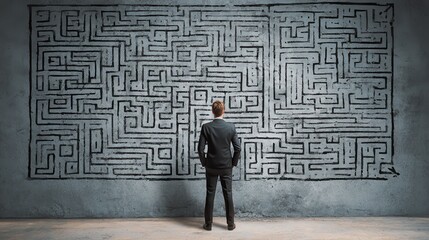 back view of young businessman looking at maze and arrow sketch on concrete wall background solution direction way and challenge concept no logos no brands ar 169