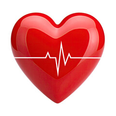 A shiny, red, three-dimensional heart with a white EKG line against a black background
