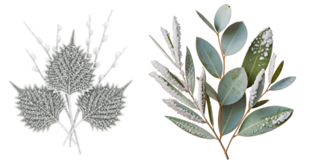 Frosted thistle and eucalyptus winter foliage arrangement with snow accents isolated on transparent background for seasonal botanical design