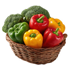 woven basket png bell peppers png colorful peppers png vegetables basket png produce basket png transparent background image