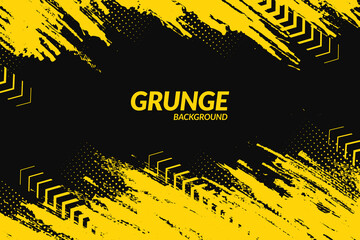 Yellow and black backdrop with dot halftone, arrows and grunge dirt elements. Urban style modern grunge background. Drive and speed modern creative wallpaper for your graphic design, banner or poster