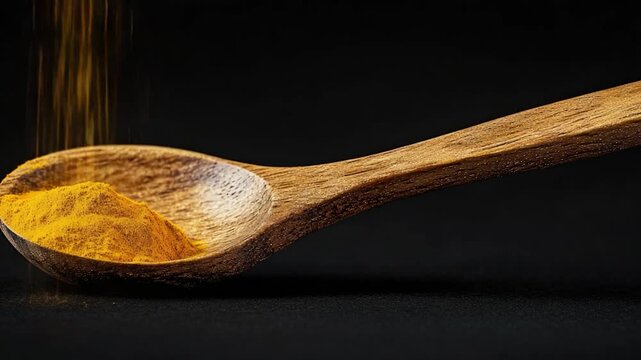 A wooden spoon filled with vibrant yellow tumeric powder, ideal for cooking or photography props