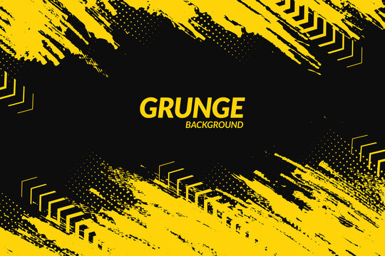 Yellow and black backdrop with dot halftone, arrows and grunge dirt elements. Urban style modern grunge background. Drive and speed modern creative wallpaper for your graphic design, banner or poster