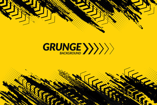 Yellow and black backdrop with dot halftone, arrows and grunge dirt elements. Urban style modern grunge background. Drive and speed modern creative wallpaper for your graphic design, banner or poster