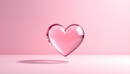 Floating glass heart shapes with reflections on soft pink background