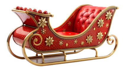 A luxurious red and gold santas sleigh isolated on transparent background, adorned with stars, ready to deliver gifts and spread holiday cheer