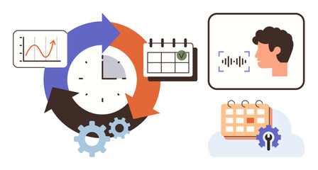Clock with cycle arrows, graphs, calendars, gears, and user voice recognition. Ideal for productivity, planning, scheduling workflow data analysis AI time efficiency. Simple flat metaphor