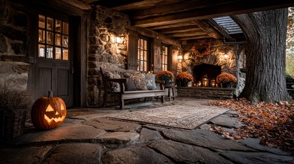 Obraz premium Autumn's magical fireplace: illuminating joy with a pumpkin smile. Surreal composition. Harvest glow: jack o lantern and fairy lights on a cozy fireplace. Avant-garde shots.