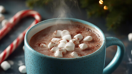 A close-up of a steaming mug of hot cocoa with marshmallows and a candy cane