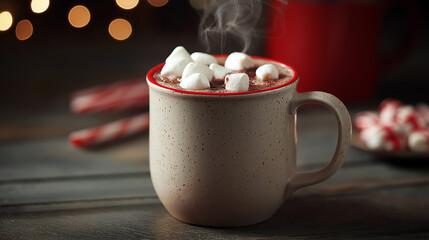 A close-up of a steaming mug of hot cocoa with marshmallows and a candy cane