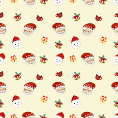 A seamless Christmas vector pattern illustration set with fun cartoon santa claus, snowman, and holiday bells decoration