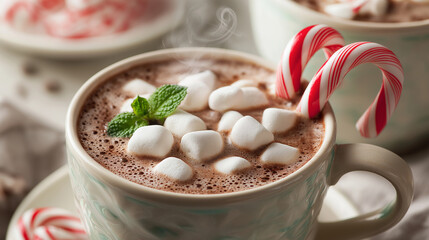A close-up of a steaming mug of hot cocoa with marshmallows and a candy cane