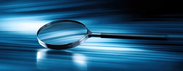 The Magnifying Glass on Futuristic Blue Motion Blur Background Revealing Focused Detail