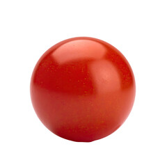 A perfectly round, vibrant red cherry tomato isolated on a stark black background