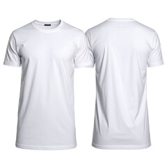 Naklejka premium Front and back view of a blank, plain white, short-sleeved t-shirt on a black background
