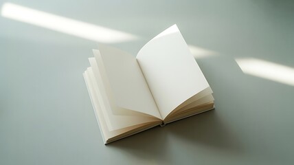 An open blank notebook with white pages lies on a light grey surface, illuminated by natural sunlight and soft shadows.