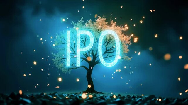 A glowing "IPO" emblem, nestled in a tree, surrounded by floating lights, set against a hazy blue backdrop