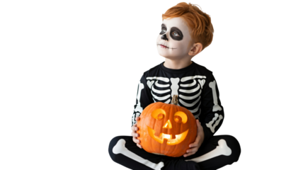 Charming redhead boy dressed in skeleton costume holding Halloween jack-o'-lantern, a perfect image for autumn festivities and childhood fun