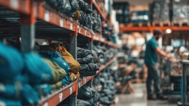 Medium shot of a warehouse worker restocking winter sports gear on shelves with the foreground blurred emphasizing seasonal inventory adjustment. - Powered by Adobe