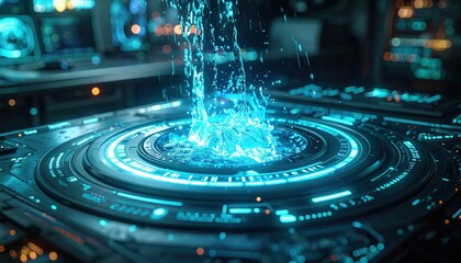 A futuristic design showcases a circular platform with glowing blue light and cascading water within a high-tech, dark setting.