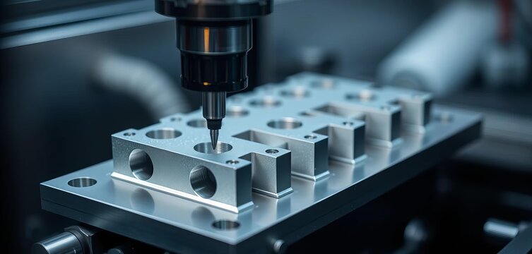 Close-up of CNC machine machining aluminum part,  equipment,  engineering - Powered by Adobe
