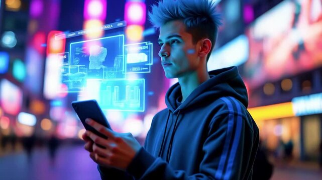 A young man in a hoodie looks at a smartphone with futuristic, holographic overlays on the city - Powered by Adobe