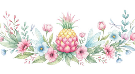 Watercolor illustration of a tropical pineapple surrounded by delicate flowers and leaves isolated on white background