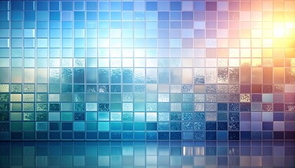 Abstract geometric background of blue and green pixelated squares with a bright, dynamic glow.	